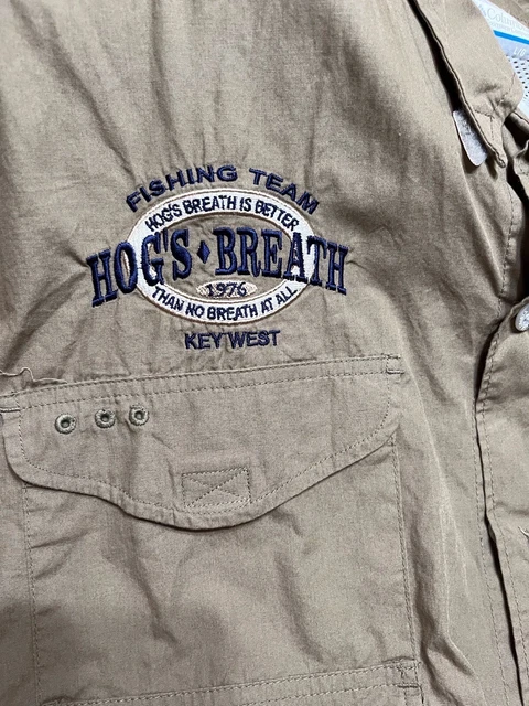 Key West Columbia PFG Short Sleeve  Khaki Tan Large Hog’s Breath Fishing Team