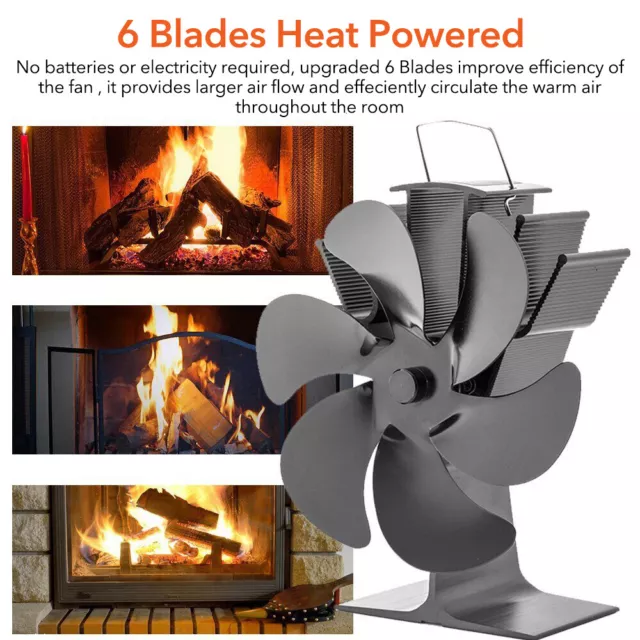 6 Blades Fireplace Stove Top Fan Heat Self-Powered Wood Burner Eco Heater Silent 3