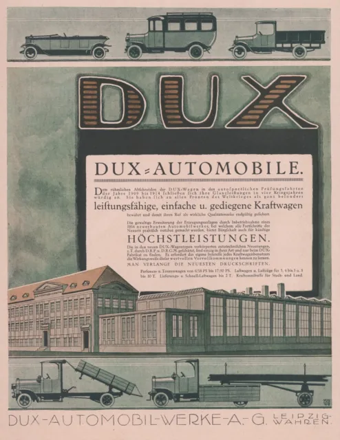 2x Künstler Werbung 1918! DUX-AUTOMOBIL-WERKE Leipzig-Wahren + BERGMANN LKW, rar