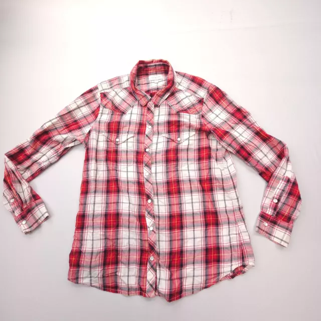 Lucky Brand Long Sleeve Pearl Snap Shirt Womens Large Red Plaid Western Rodeo