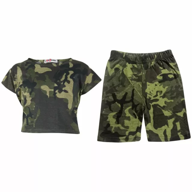 Kids Girls Crop Top & Cycling Shorts Green Camouflage Print Outfit Clothing Sets