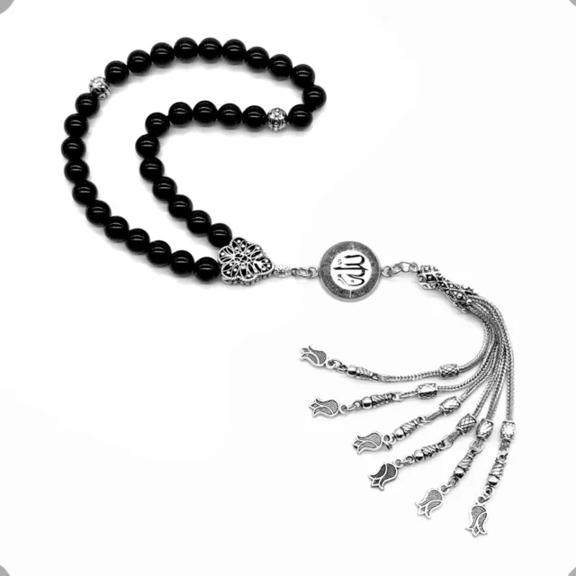Black Agate Prayer Beads -8 mm-Tesbih-Tasbih-Tasbeeh (Telkari Allah Tassel)