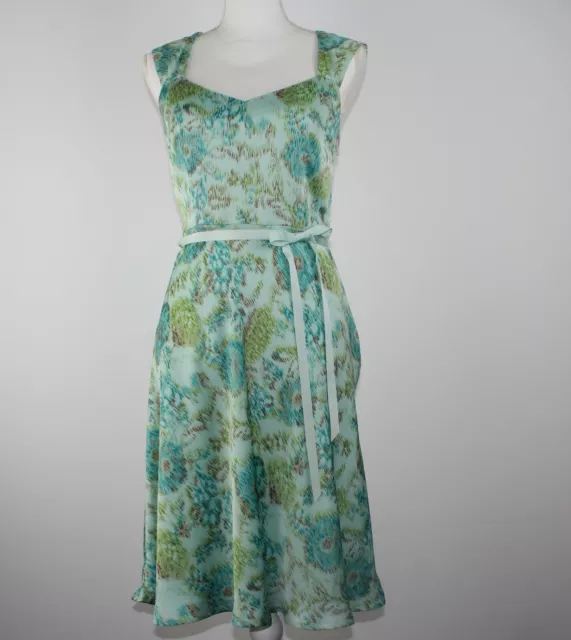 Ann Taylor Loft Sz 2 Blue Floral Dress Ribbon Belt Sweetheart Neckline Sleevless