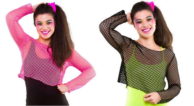 thumbnail image 2 of 80s Costume Set – Pink Mesh Top, Wig, And 4 Pack Neon Beads – Rave Fancy Dress 2 of 3