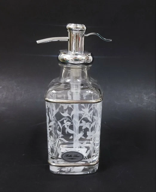NEUF BELLA LUX Verre, Blanc Floral, Feuille, Argent Pompe Soap, Lotion