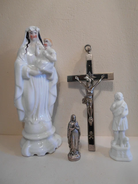 Lot 4 Ancien Objet Religieux  Statue Vierge Porcelaine Argent Crucifix Saint