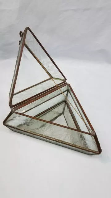 Vintage Etched Clear Beveled Leaded Glass Ormolu Jewelry Triangle Art Deco Box