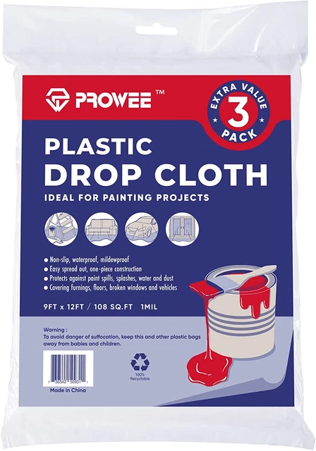 3-Pack Painters Plastic Drop Cloths 9-Feet X 12-Feet Paint Floor Cover Plastic S