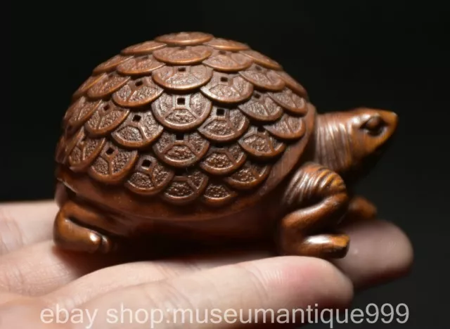 2.2" Rare Old Chinese Boxwood Wood Carving Feng Shui Animal Coin turtle Statue