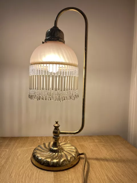 Vintage Brass Table Lamp Art Deco Nouveau Style  Frosted Glass Beaded Shade