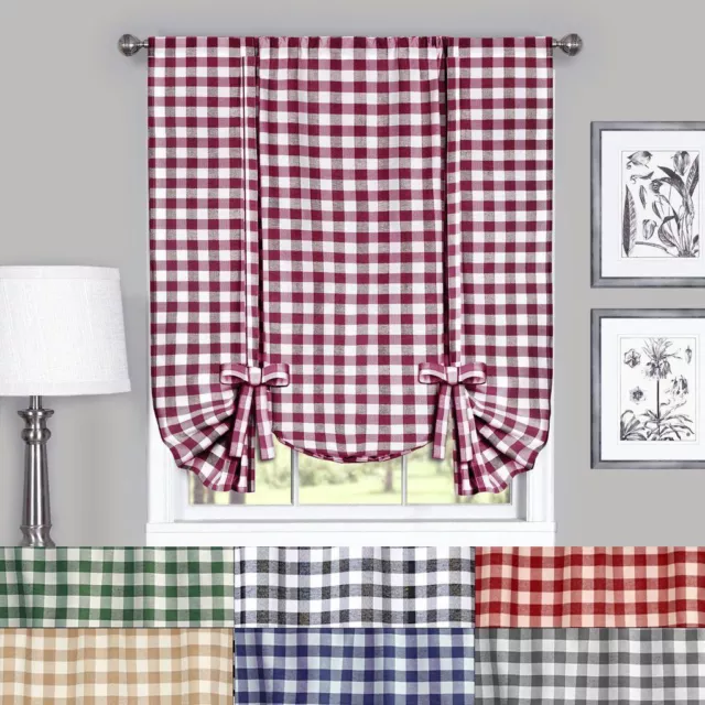 Buffalo Check Plaid Gingham Tie Up Window Curtain Shades - Assorted Colors