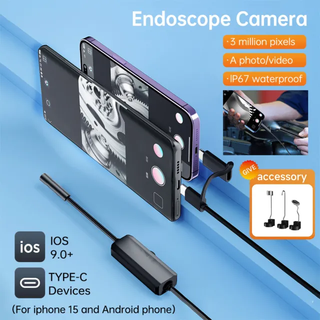 Android Windows Endoscope Inspection Camera, 5m/10m/15m Auto Focus 3-in-1  USB Type-C Drain Pipe Camera Waterproof Borescope, Semi-Rigid Snake Cable