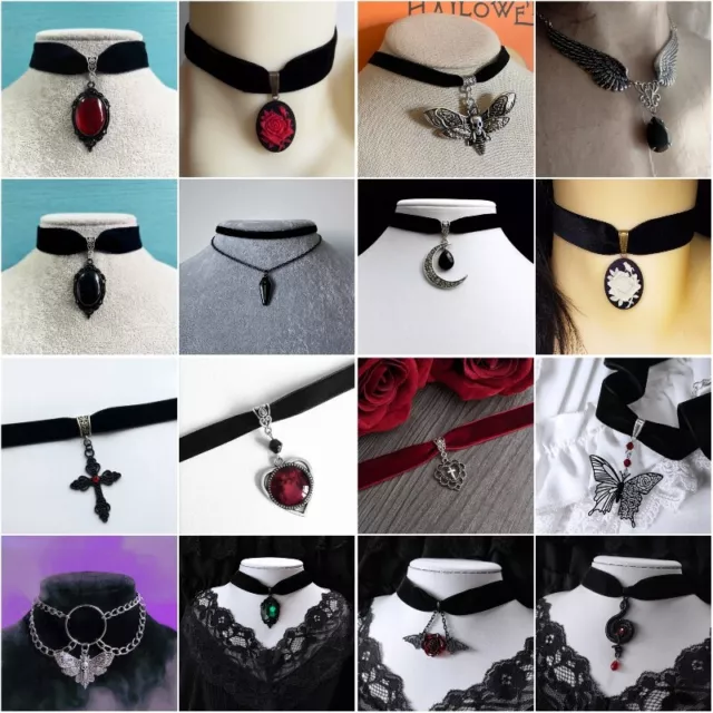 Gothic Vintage Black Velvet Choker Collar Crystal Pendant Necklace Women Jewelry