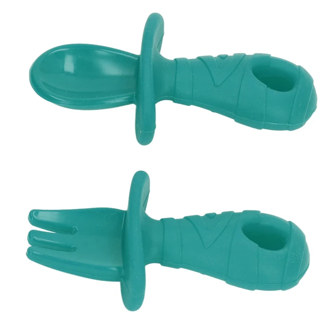 (Green)Baby Silicone Spoon Fork Food Grade Silicone Soft Spoon Fork Chewable
