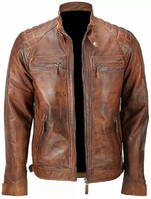 Men's Biker Cafe Racer Vintage Motorcycle Distressed Brown Leather Jacket Ban