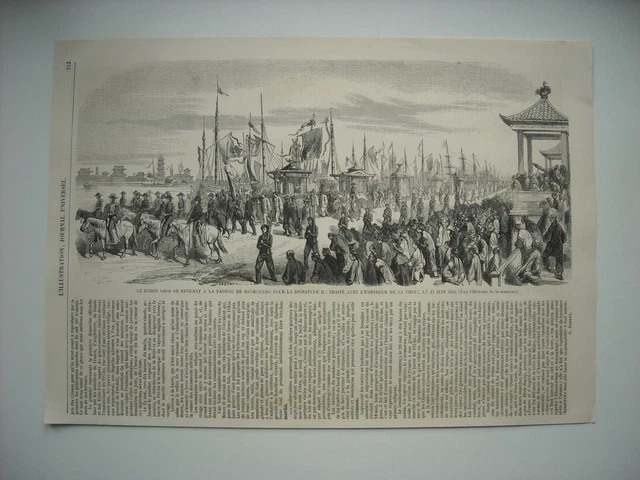 Gravure 1858. Chine. Le Baron Gros Se Rendant A La Pagode De Hai-Kouang Pour La