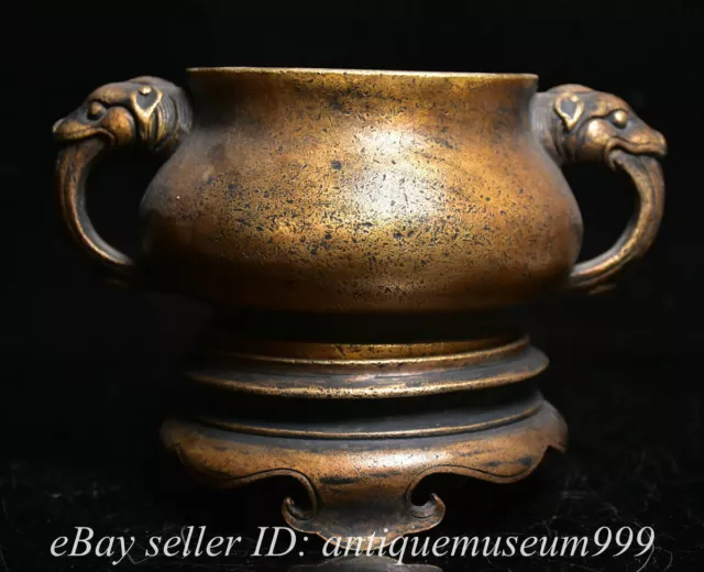 7.6" Old Chinese Copper Gilt Dynasty 2 Beast ear Base Censer incense burner