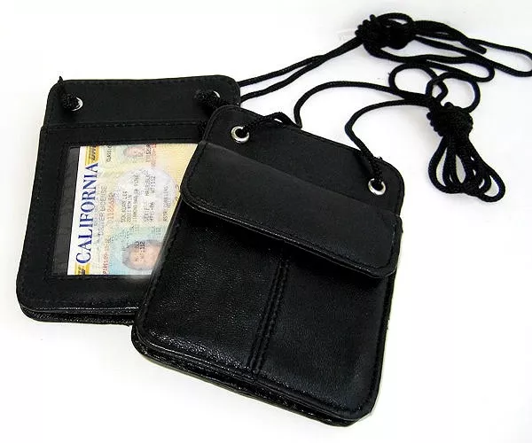 Set of 2 Genuine Leather ID Card  Wallet Neck Strap Pouch Badge Holder