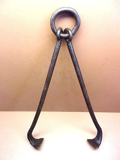 Antique Hand Forged Iron Lifting Tool 20" Long Nail Keg Barrel Grabber Clean One