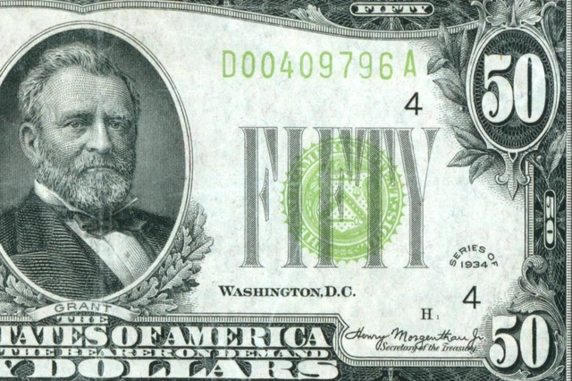 $50 1934 LGS LIME ((LIGHT GREEN SEAL)) Federal Reserve Note DAILY CURRENCY