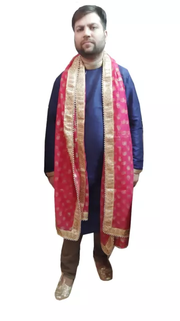 Men Silk Stole Indian Traditional Scarves Pink Wedding Groom Handmade Dupatta