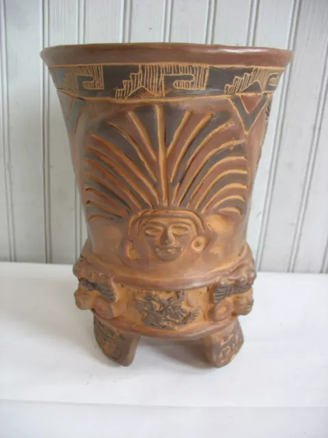 Vtg Aztec Mayan Clay Pottery Terra Cotta 9 1/2" Ftd Vase Tribal Handmade Artisan