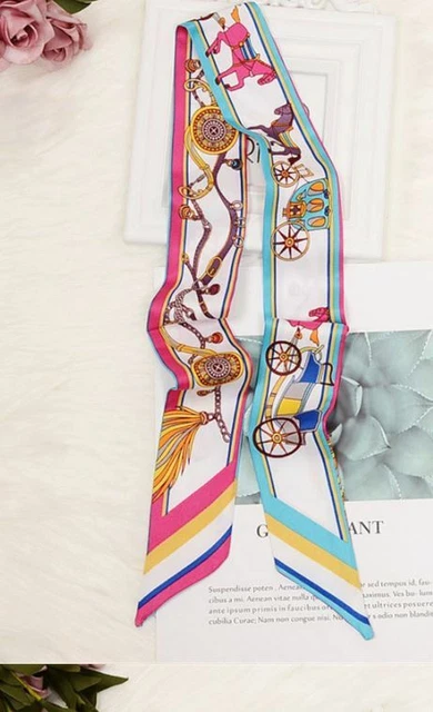 Sciarpa in Twill di seta, cavalli, cavallo e carrozza, rosa, blues, bianco, estate