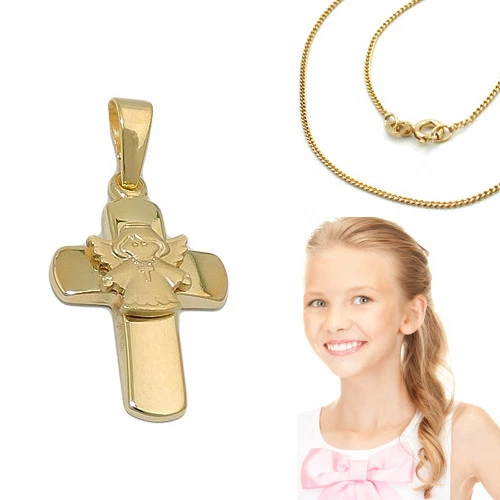 Kinder Kommunion Taufe Kreuz Zirkonia Anhänger Gold 585 Mit Kette Silber 925 VG