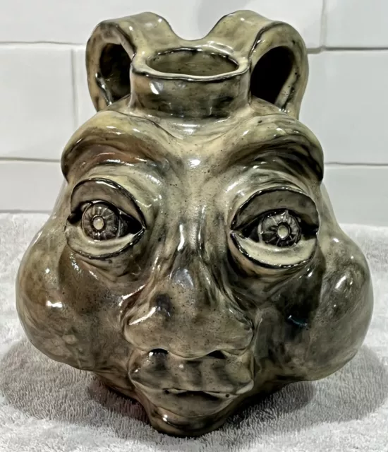 Heavy Georgia Face Jug, 6 lbs, Mottled Brown Glaze, Two Handles, White Clay