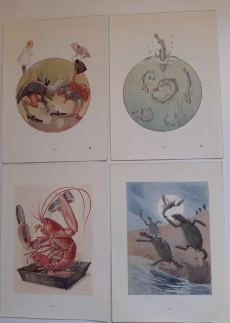 4 X ALICE IN WONDERLAND Antique Book Prints -Margaret Tarrant - Frogs & Aquatic