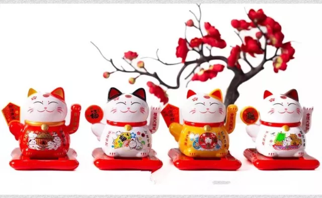 Lucky Fortune Cat Solar Powered Waving Cat Maneki Neko Beckoning Cat - 4 Pieces 2