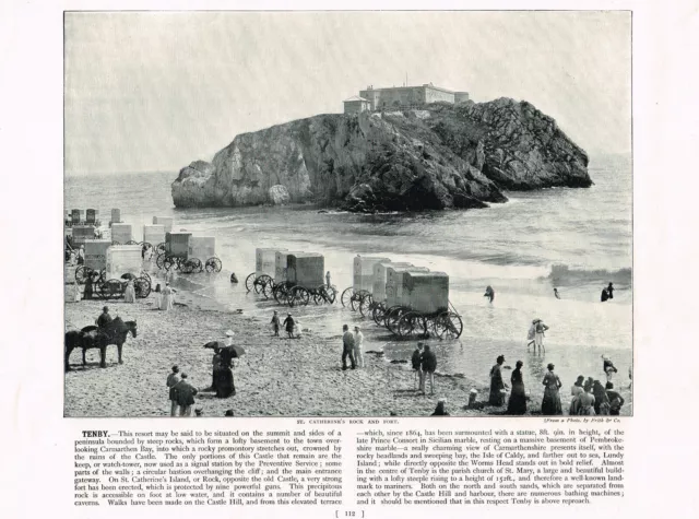 Tenby St Catherine's Fort And Rock Wales Antique Picture Old Print 1895 RTC#112