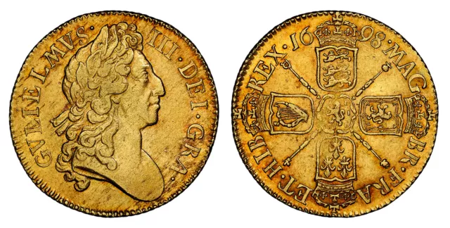 England William III. 1698 AV Guinea. NGC AU55. KM 498.1; SCBC-3462; Fr.-313