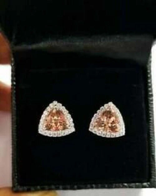 White Gold Plated Trillion Cut Lab Created Morganite Women Stud Earring 3 Carat