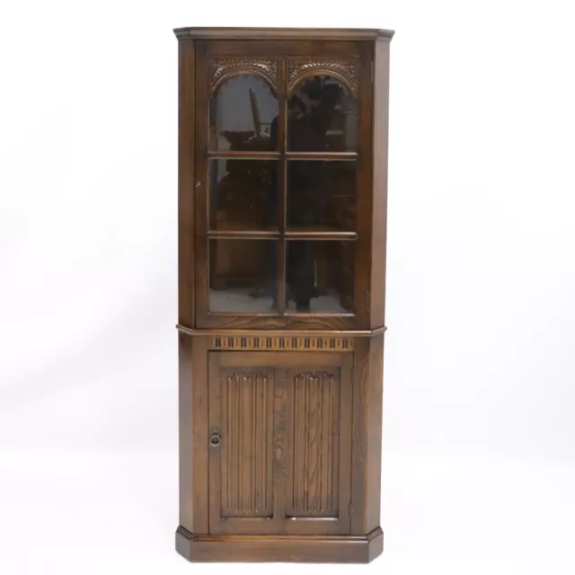 Tall Oak Corner Display Cabinet with Cupboard And Shelves FREE UK Delivery