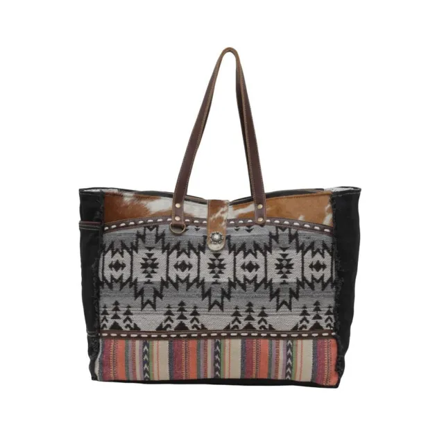Myra Bag Handmade Aburnee Weekender Bag Upcycled Canvas & Cowhide Leather