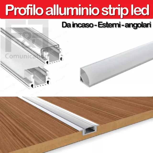 Profili Alluminio Per Strisce Strip Led Barra Rigida + Copertura 1 Metro 2 Metri