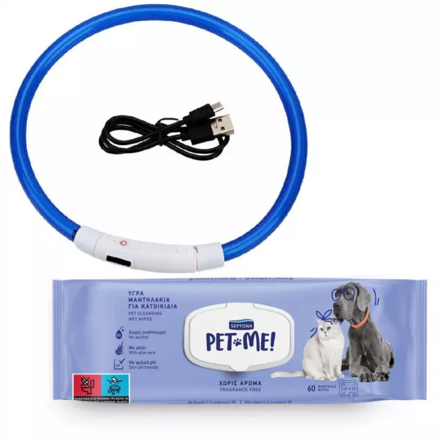 COLLAR LED LUMINOSO PARA PERROS + TOALLITAS HÚMEDAS SEPTON PET ME LARGE 60uds.