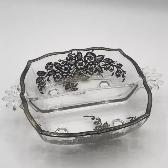 Fostoria Crystal Meadow Rose 6” Divided Relish Dish With Applied Silver