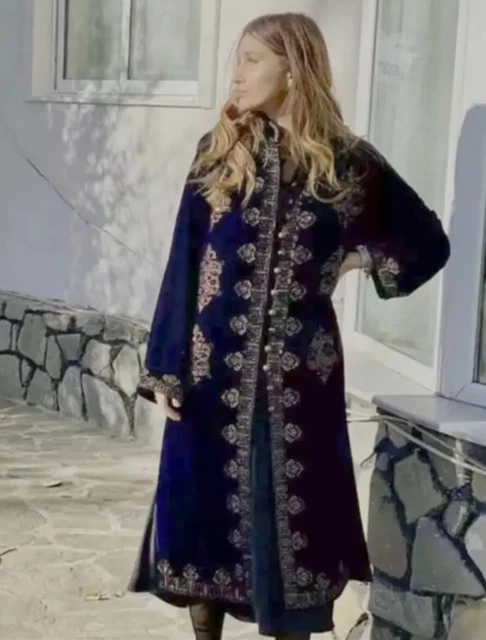 ZARA NAVY BLUE Velvet Embroidered Kimono Coat Long Jacket Size S 89.00 PicClick UK