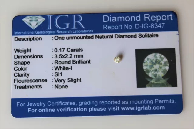 Diamant Blanc - Couleur I - de 0,17 ct - Certificat IGR - Taille Rond Brillant