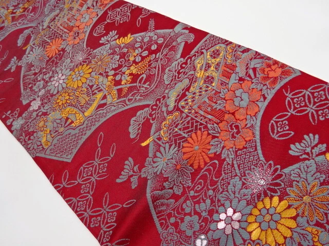 6228107: Japanese Kimono / Antique Nagoya Obi / Woven Carriage & Flower Cart