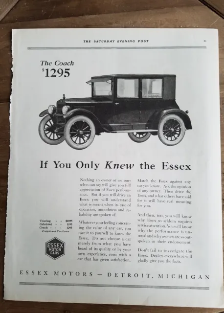 1922 Essex motor car Coach $1,295 Price vintage automobile ad