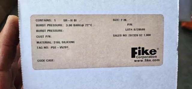 FIKE RUPTURE DISC SR-H BI  2"  Silicone 3 bar 22 deg C  NEW