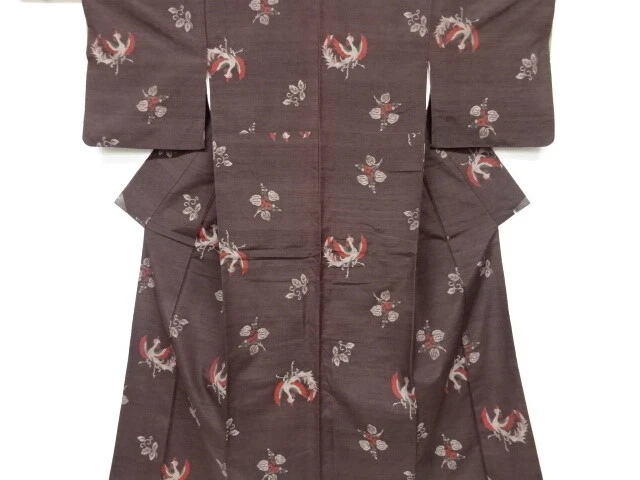 6571365: Japanese Kimono / Antique Kimono / Tsumugi / Woven Phoenix & Flower