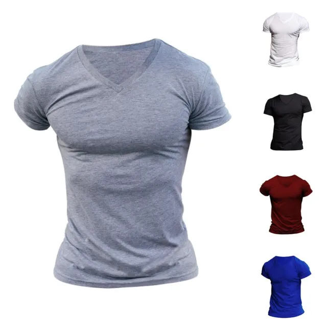 T-shirt nera da uomo collo a V aderente slim muscolo top maniche corte maglietta
