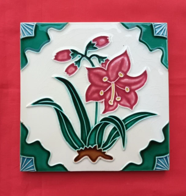 1 Piece Old Art Flower Design Embossed Majolica Ceramic Tiles Japan 0253