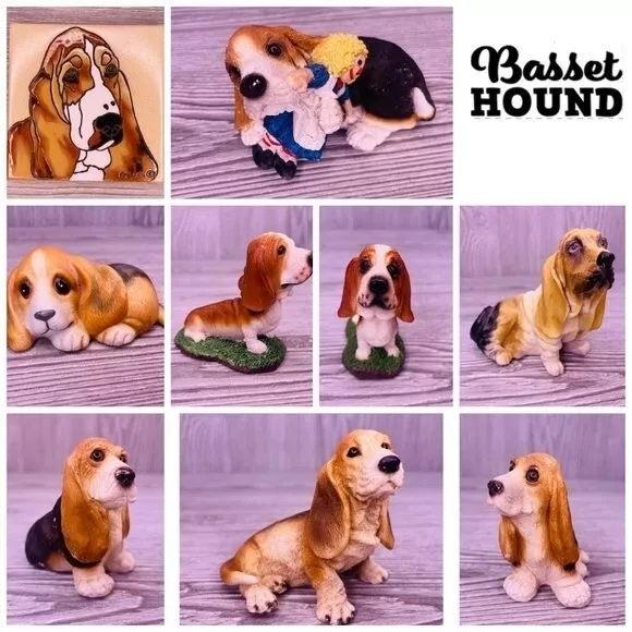 Bundle of 9 basset hound figurines sculptures and trivet tile decorations dog