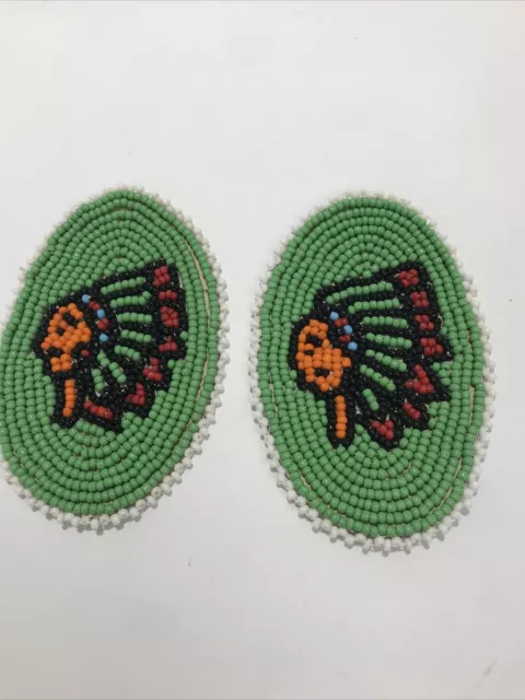 Beaded Rosettes Green Indian Head design Leather Back Set of 2