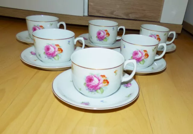 Fraureuth Antik Porzellan 6x Kaffee Teetasse Blumen Bukett Gold Gedeck 1. Wahl